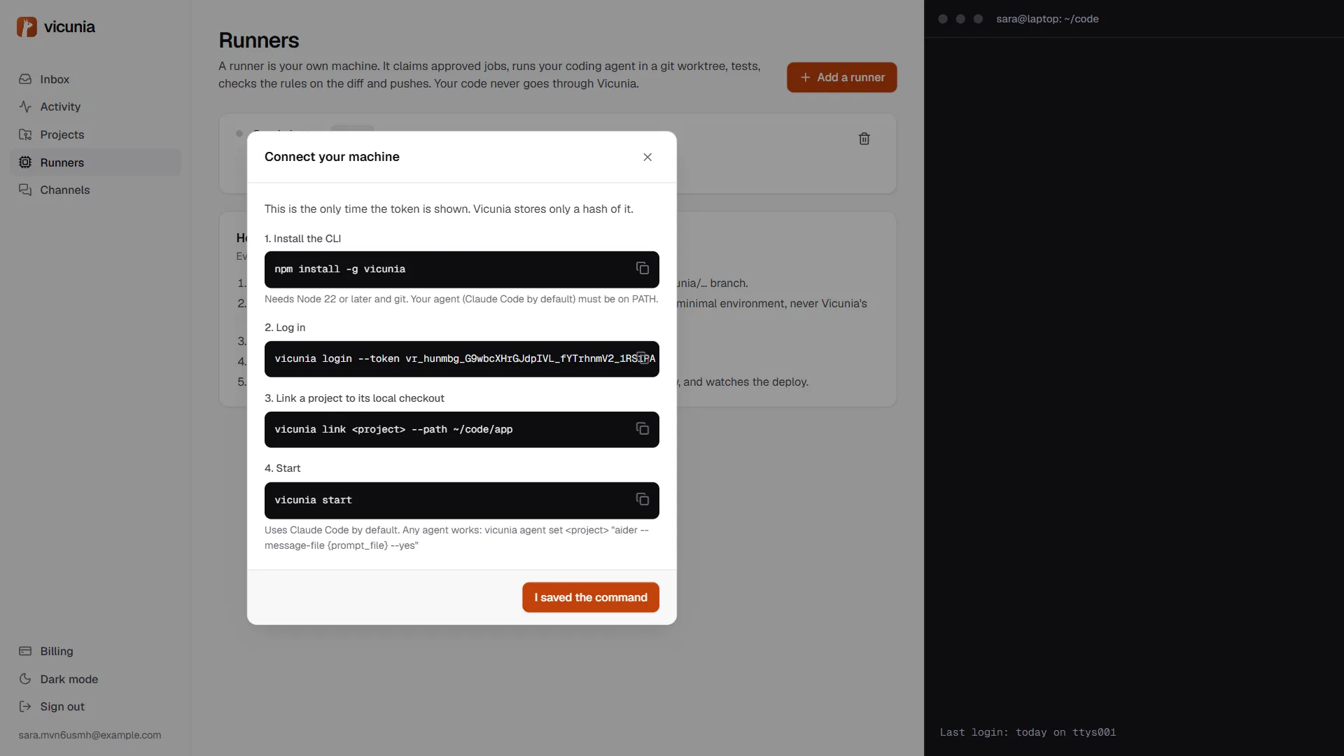 The Connect your machine dialog with the install and login commands.