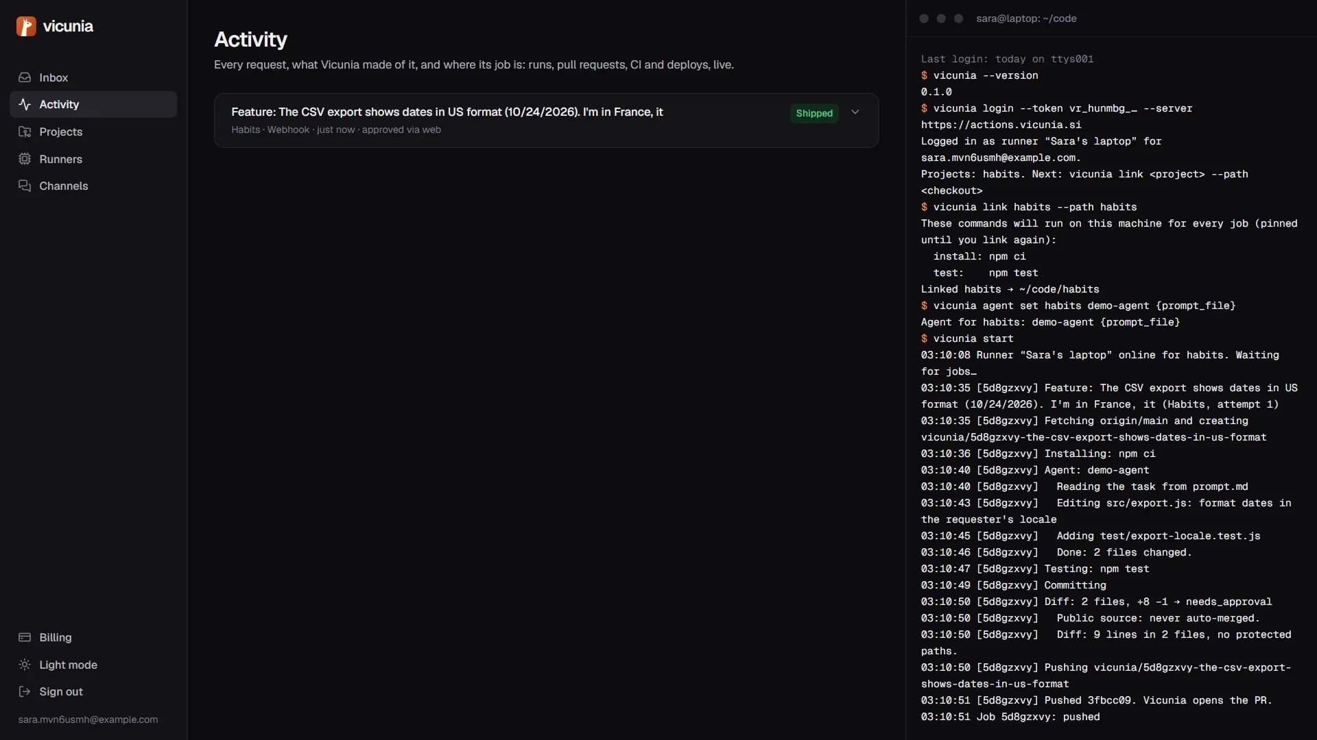 The Activity page in dark mode.