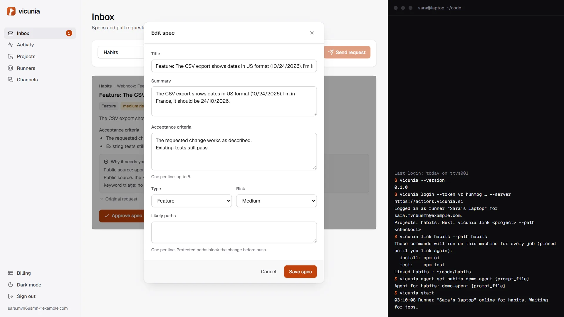 The Edit spec dialog with title, summary and acceptance criteria fields.