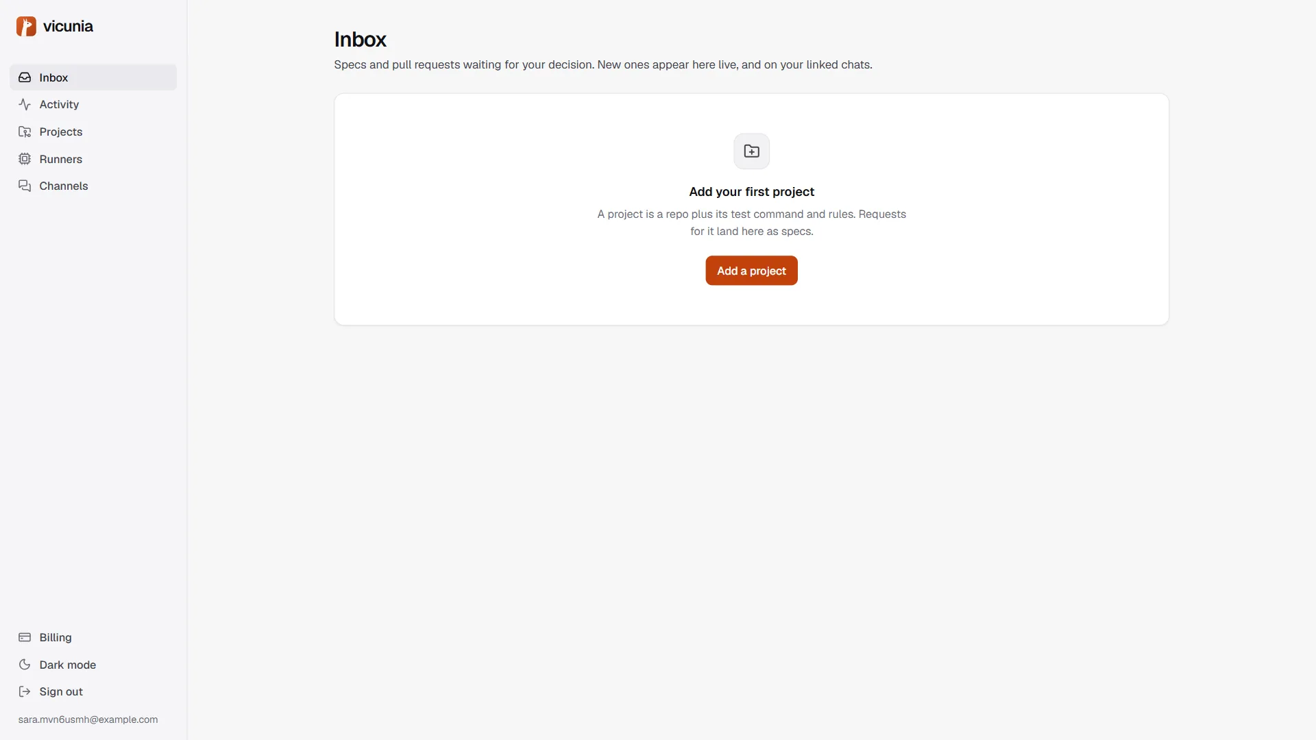 The Vicunia inbox right after sign-up, asking to add a first project.