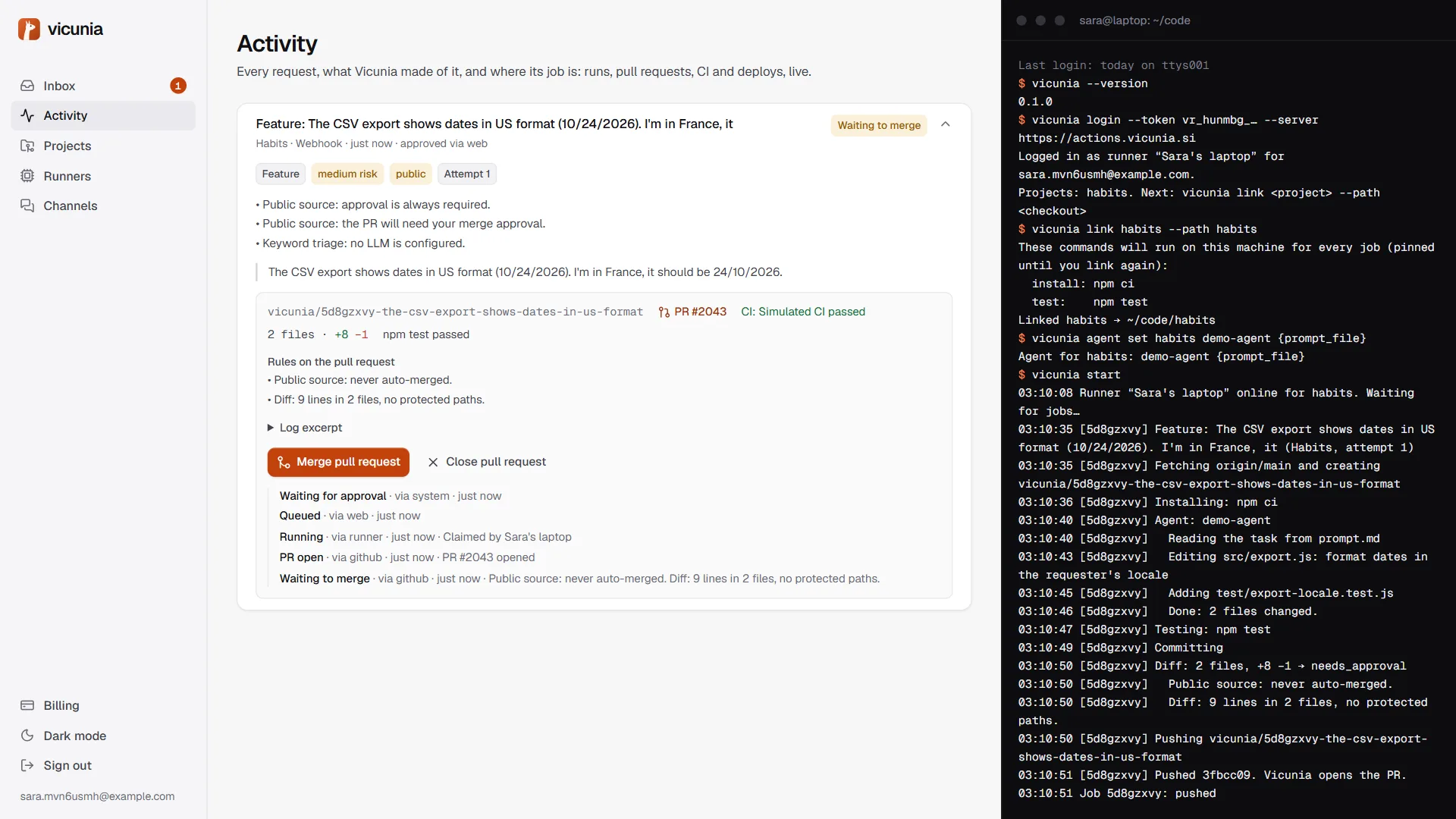 A ready-to-merge card with Merge pull request and Close pull request buttons.