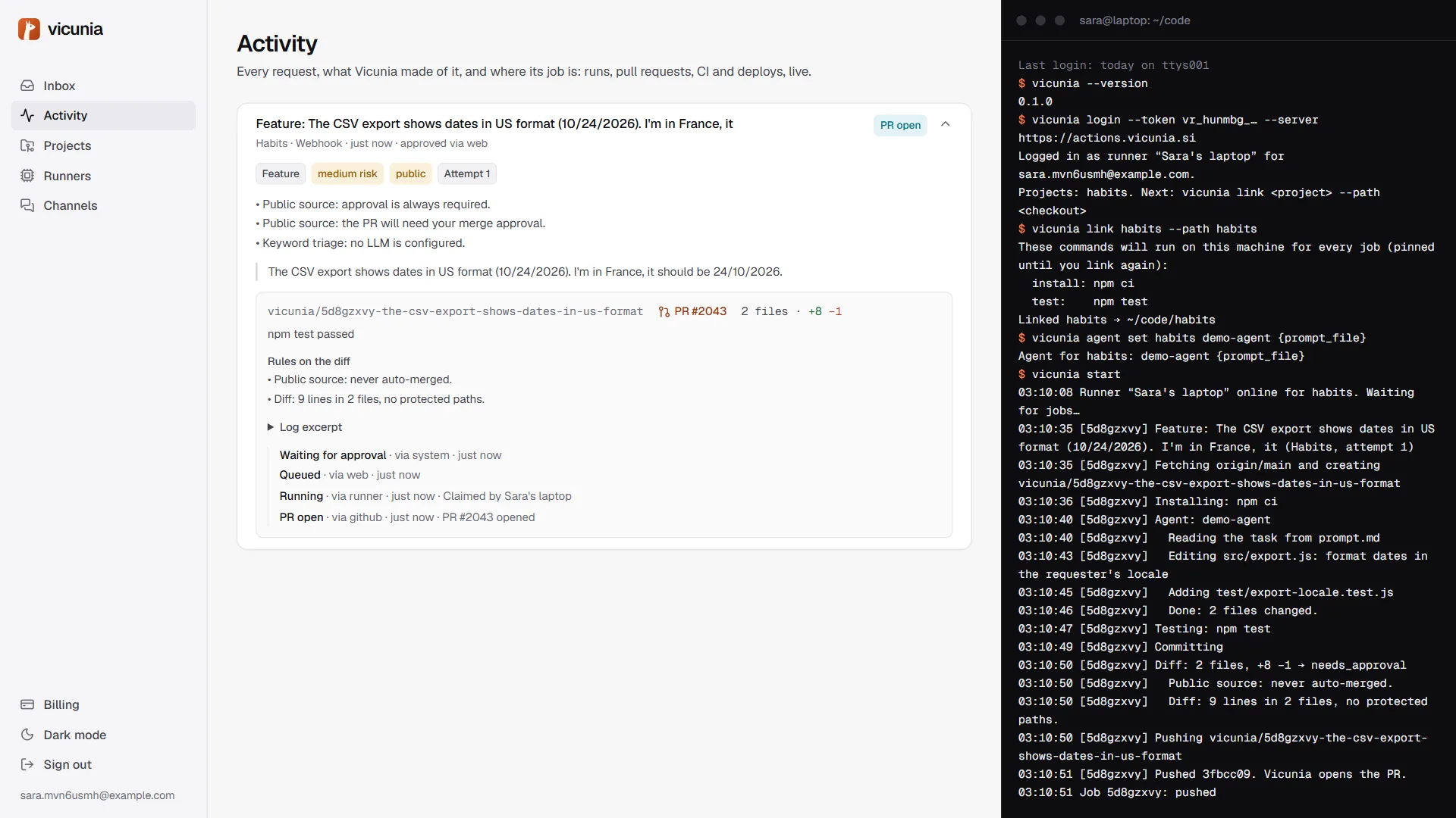 The job in Activity with its pull request opened.