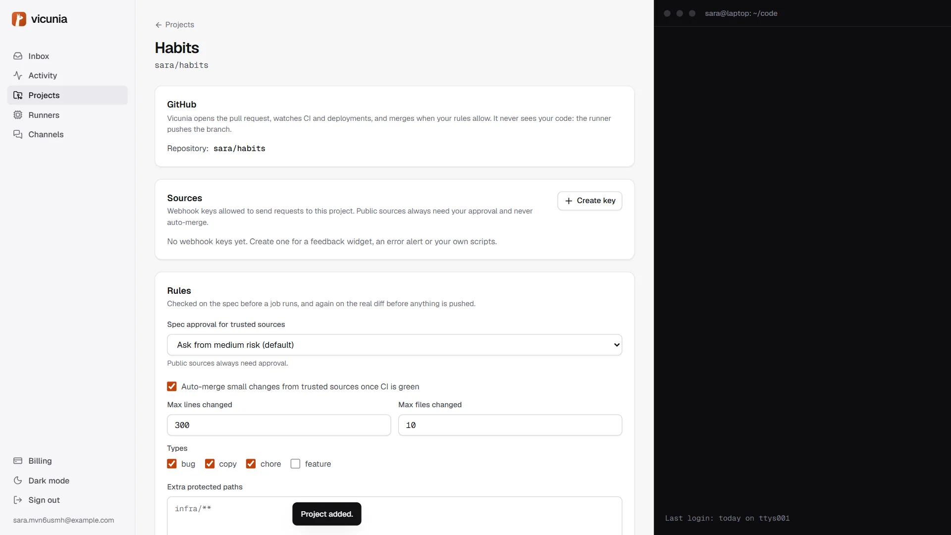 The Habits project page with GitHub, Sources and Rules sections.