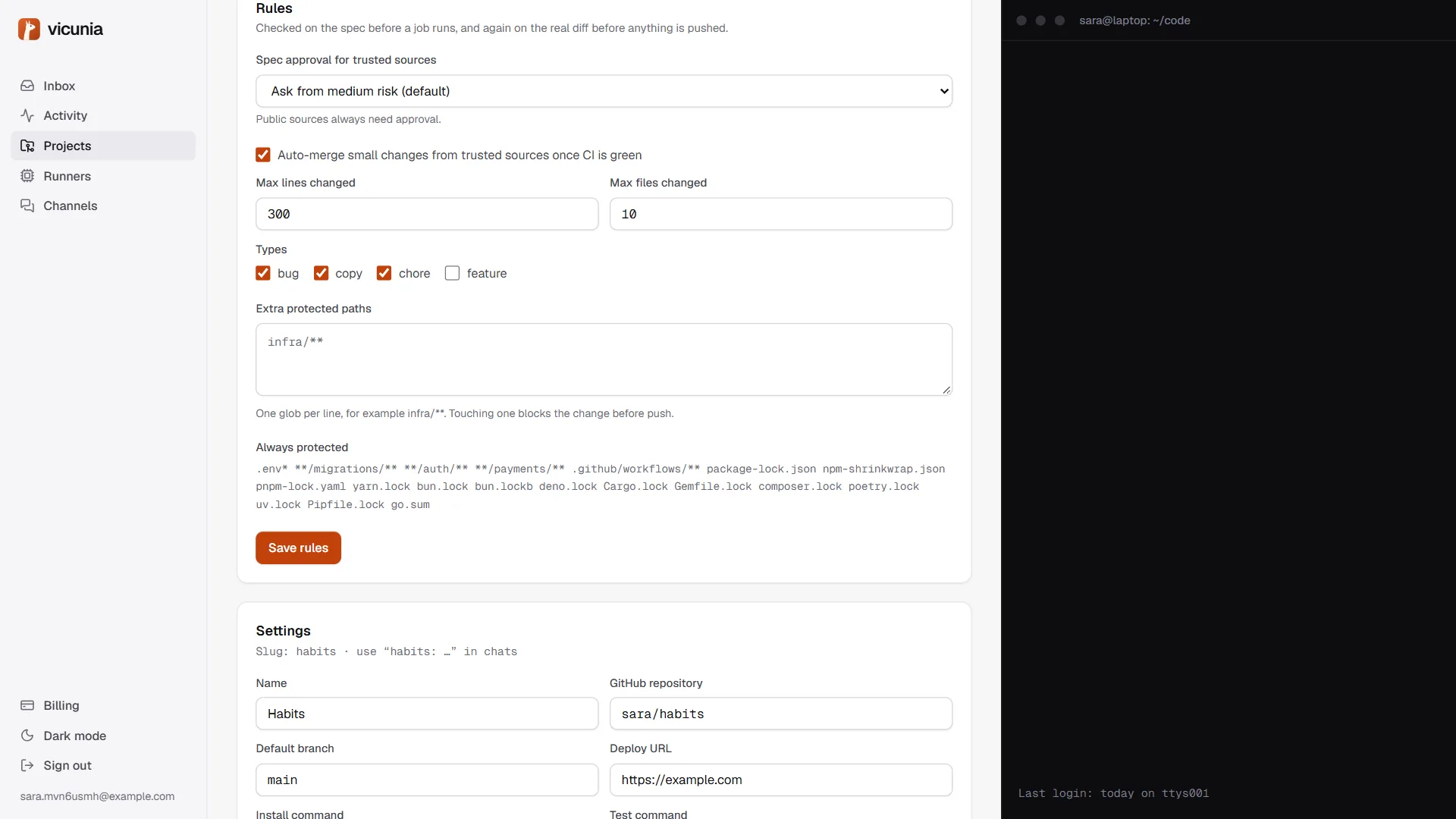 The Rules section: spec approval level, auto-merge limits and types, extra protected paths.