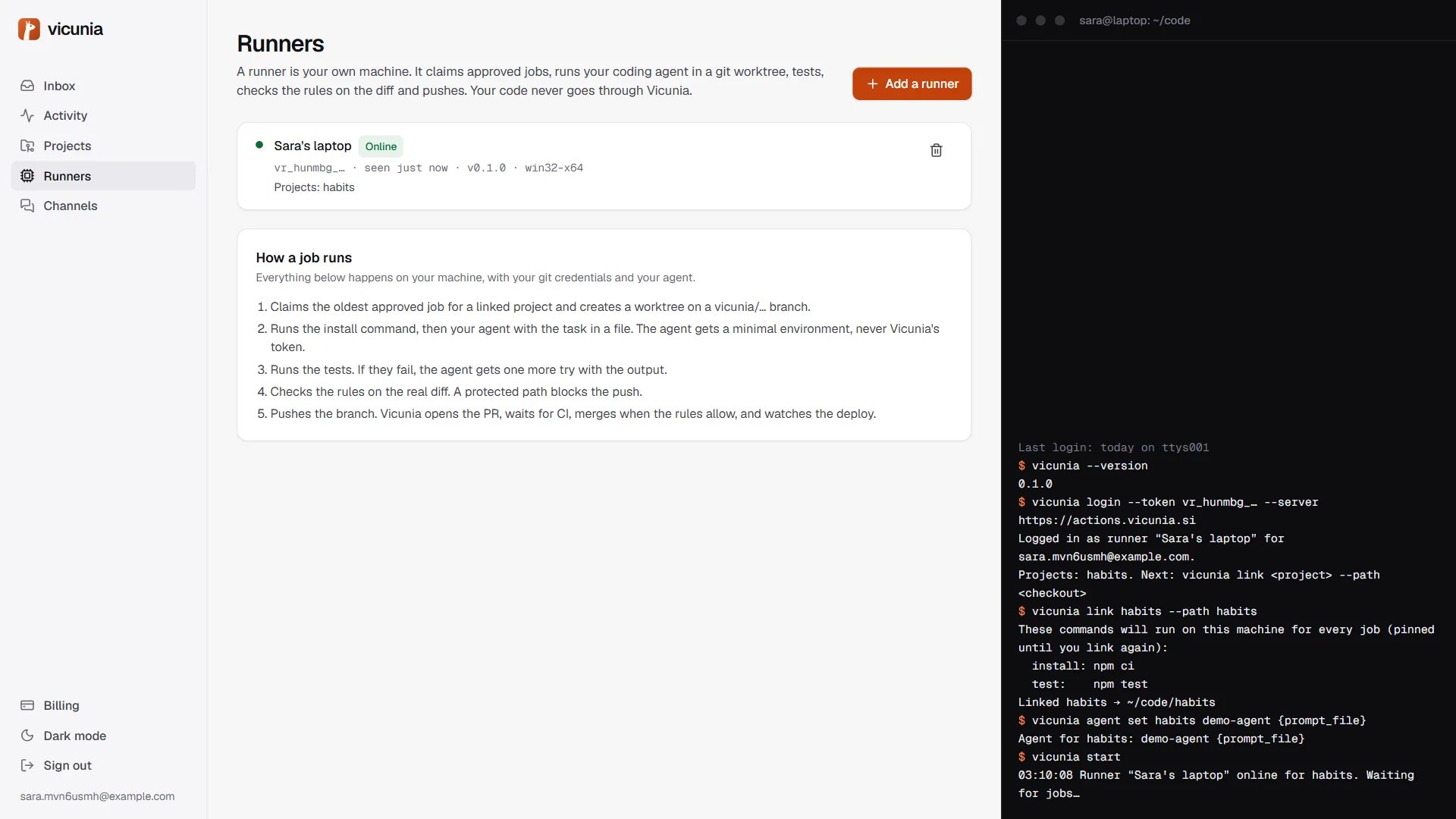 The terminal: vicunia login, link, agent set and start, with the runner online and waiting for jobs.