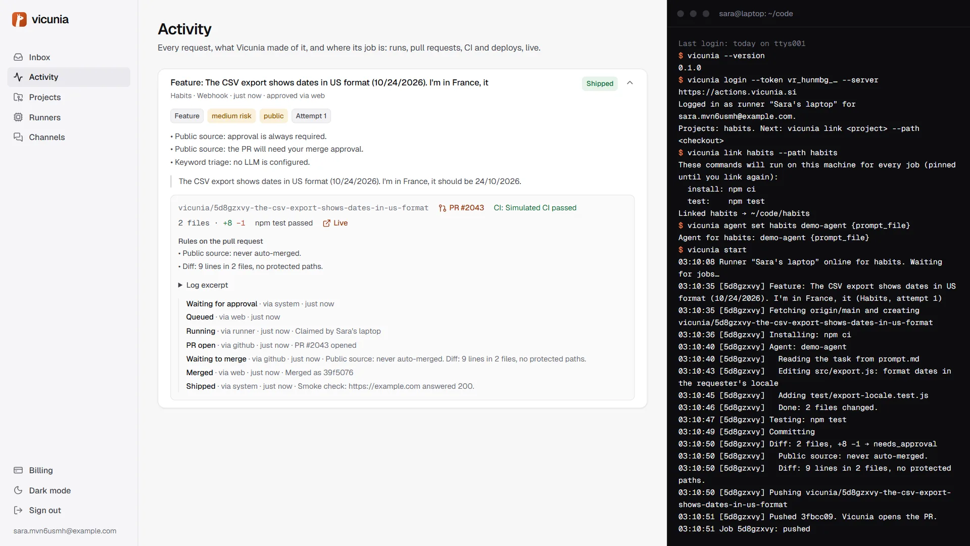 The job timeline in Activity, from the request to shipped.