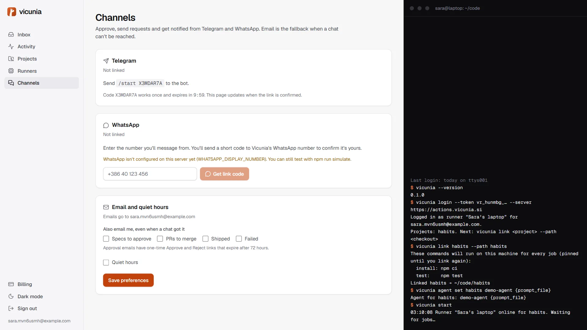 The Channels page with a one-time Telegram link code.